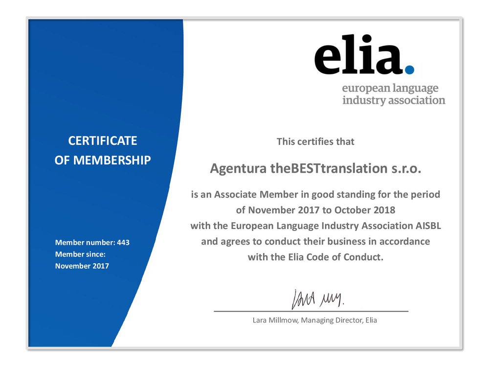 Elia membership certificate
